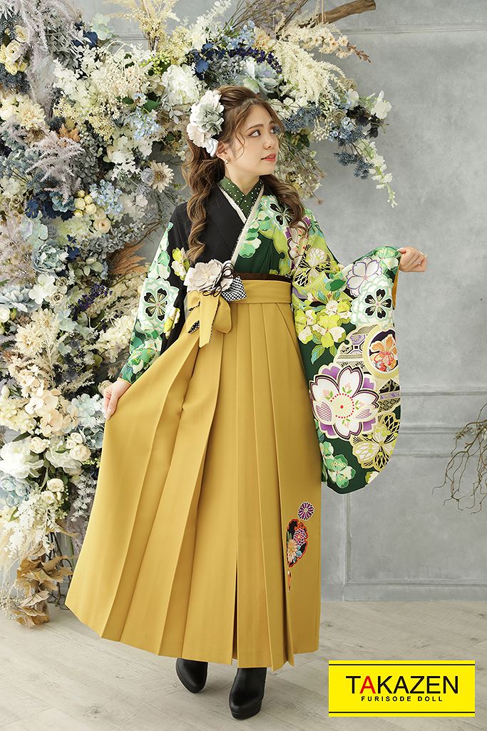 正統派古典　　グリーン(緑色)/黄　古典柄　個性的　今田美桜　袴ネットレンタル　華やか　上品　　K22039