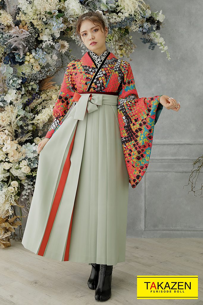 モード袴　オレンジ/グレー　パイソン柄　かっこいい　目立つ袴ネットレンタル　モダンアンテナ　R22035