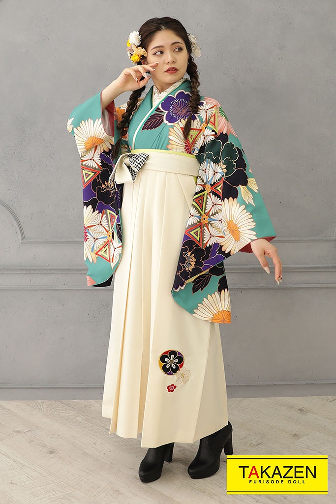 藤田ニコル(にこるん)ブランド袴ネットレンタル　エメラルドグリーン(緑色)/ミント　レトロ古典柄　目立つ　個性的　レトロポップ　ブーツコーデ　R21055