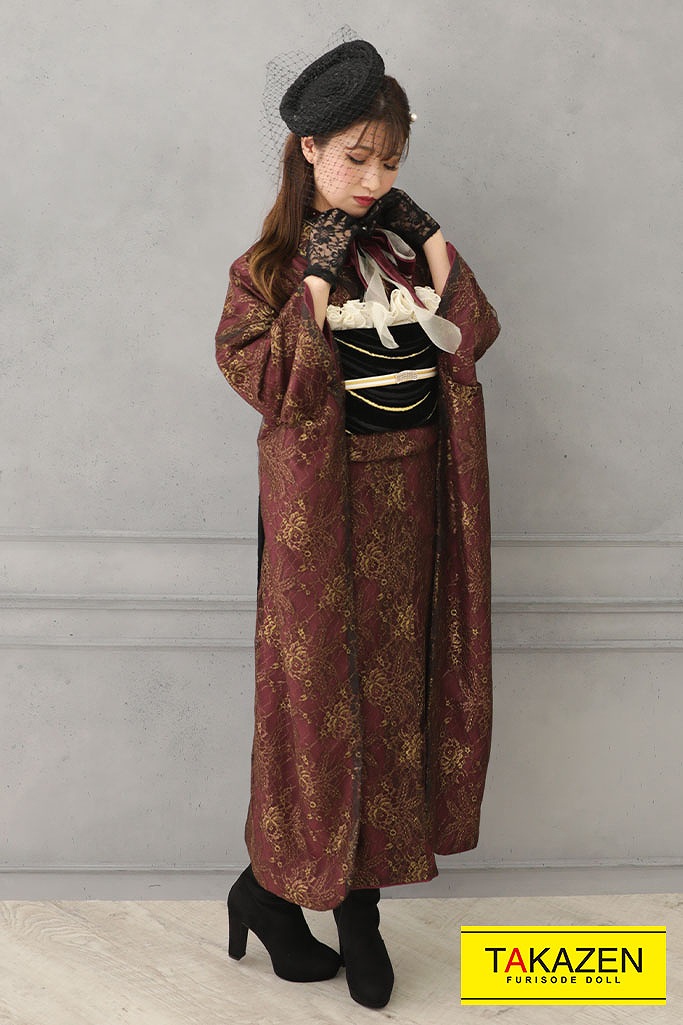 格安！レース振袖ネットレンタル　ヴィンテージスタイル　ワインレッド/赤/エンジ　総レース　　アンティーク調　お洒落　ブーツスタイル　YK195