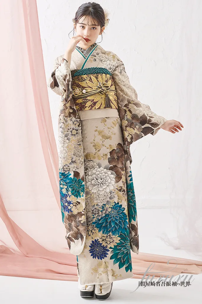 假屋崎省吾ブランド振袖ネットレンタル　正統派古典　ベージュ/ブルー　大人っぽい　きれいめ　上品　清楚　おしゃれ　K1227