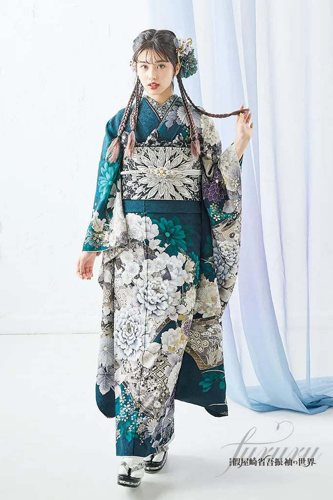 假屋崎省吾ブランド振袖ネットレンタル　正統派古典　ターコイズブルー　人とかぶらない　華やか　豪華　スワロフスキー付き　K1230
