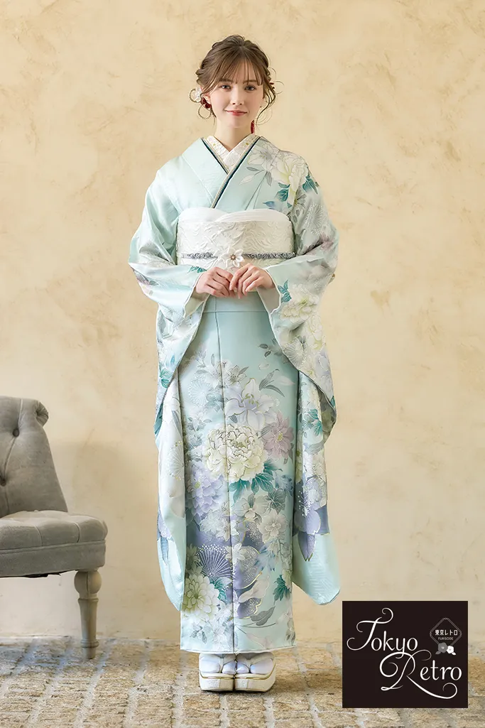東京レトロ振袖ネットレンタル　水色/アイスブルー　牡丹柄/百合柄　きれいめ振袖　おしとやか　上品　古典柄　マーシュ彩　K1237