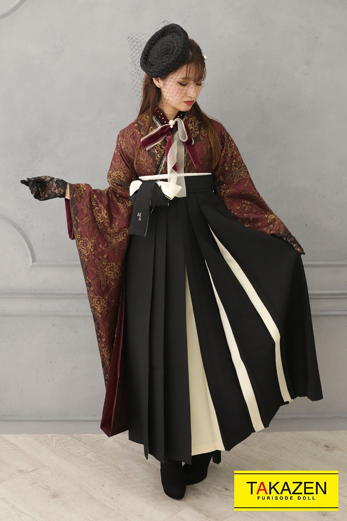 ヴィンテージスタイル　　エンジ　流行りの個性的　おしゃれ　総レース袴ネットレンタル　人とかぶらない　RY135