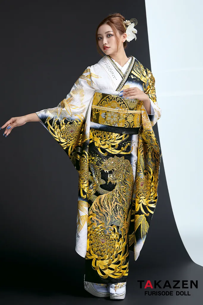 ジャパンモード　白/黒/ゴールド(金色)　本家トラ柄　一番派手　絶対目立つ振袖　ゴージャス　スワロフスキー付き　いかつい　中村りおん　22042