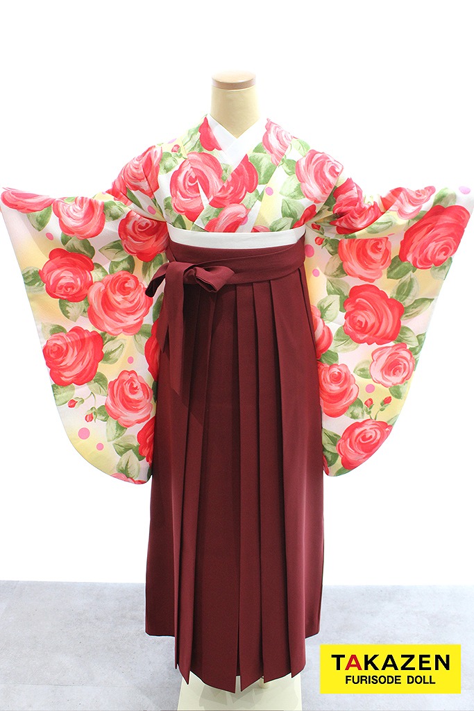 安いキュート袴　クリーム/ピンク　バラ柄　かわいらしい　量産型　ガーリー系袴ネットレンタル　Y13