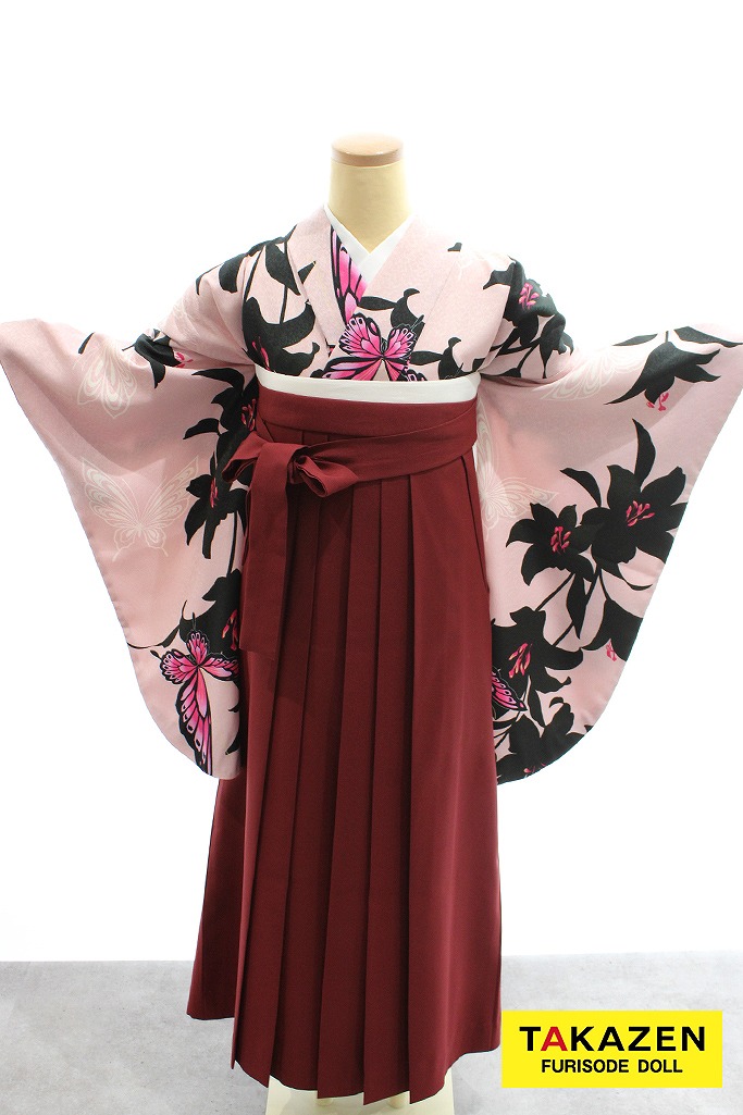 格安地雷系袴　薄ピンク　蝶々柄/ユリ柄　目立つ　すっきり　安い　地雷系コーデ袴ネットレンタル　Y14