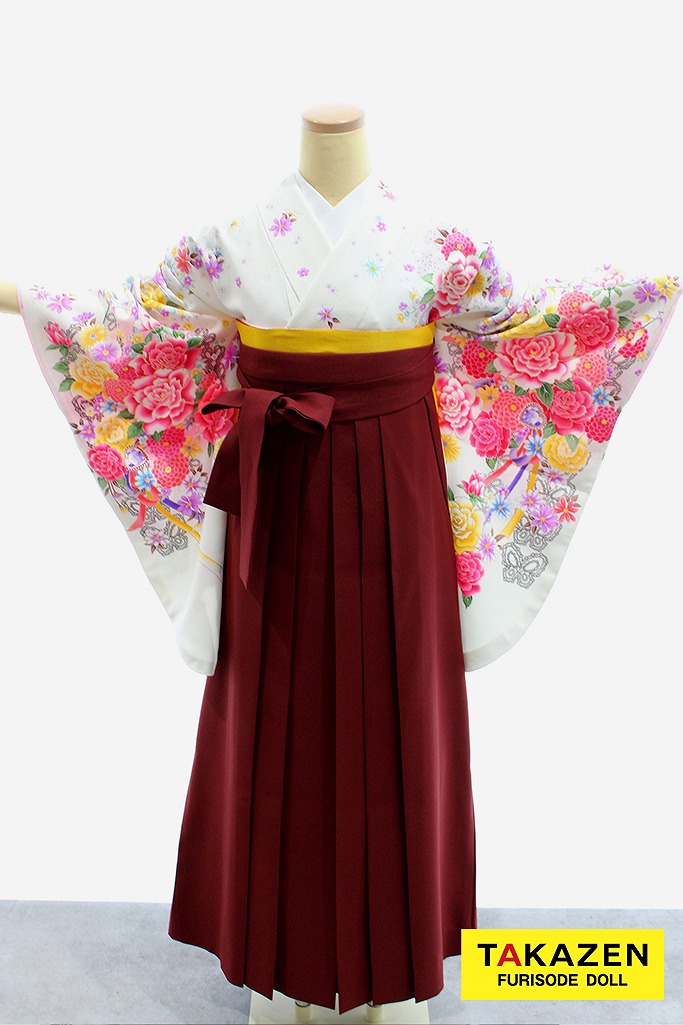 安いキュート系袴　白/白ベース　花柄/柄小さめ　華やか　白ピンク　ガーリー系袴ネットレンタル　小学生卒業式袴　安い　Y15