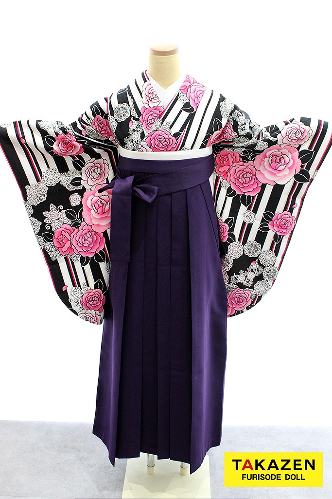 格安ガーリー袴　黒/白/ピンク　ストライプ/バラ柄　目立つ　地雷系　可愛い　安い袴ネットレンタル　Y17