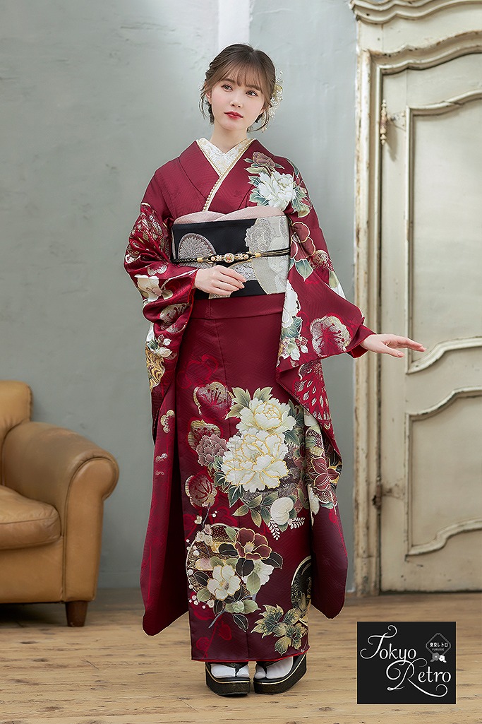 東京レトロ振袖ネットレンタル　ワインレッド　牡丹柄/椿柄　正統派古典　大人っぽい　シック　上品　マーシュ彩　K1075