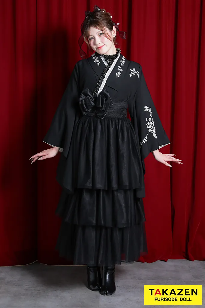 ヴィンテージスタイル　黒/オールブラック　シンプル刺繍　洋風　ドレス袴ネットレンタル　ブーツスタイル　R22025