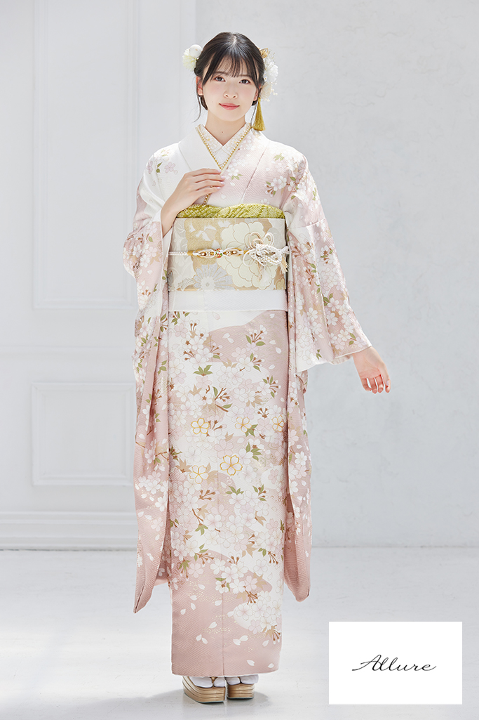 正統派古典　ピンク/白/淡い色　桜柄/柄小さめ　シンプル　きれいめ　かわいらしい振袖ネットレンタル K1239
