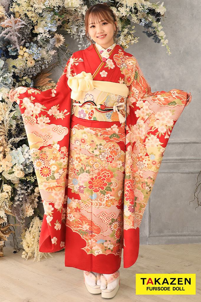 安い　正統派古典　赤/ゴールド(金色)　牡丹柄　人気　定番　可愛い古典振袖ネットレンタル　低身長さんにもおすすめ　32078