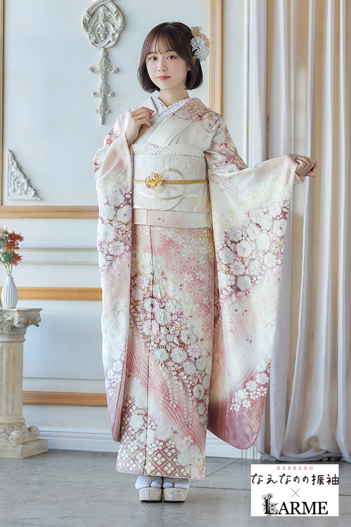 なえなのの振袖×LARME　ピンク　辻が花/藤　正統派古典　かわいい　綺麗系　華やか　上品　ラメ入り生地振袖ネットレンタル　K1241