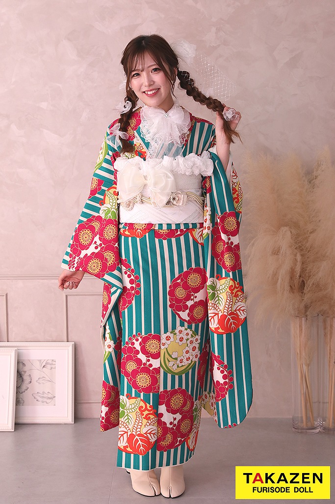 レトロモダン　　赤/水色(ブルー) 　ストライプ柄/花柄　人気　個性的振袖ネットレンタル　　32014