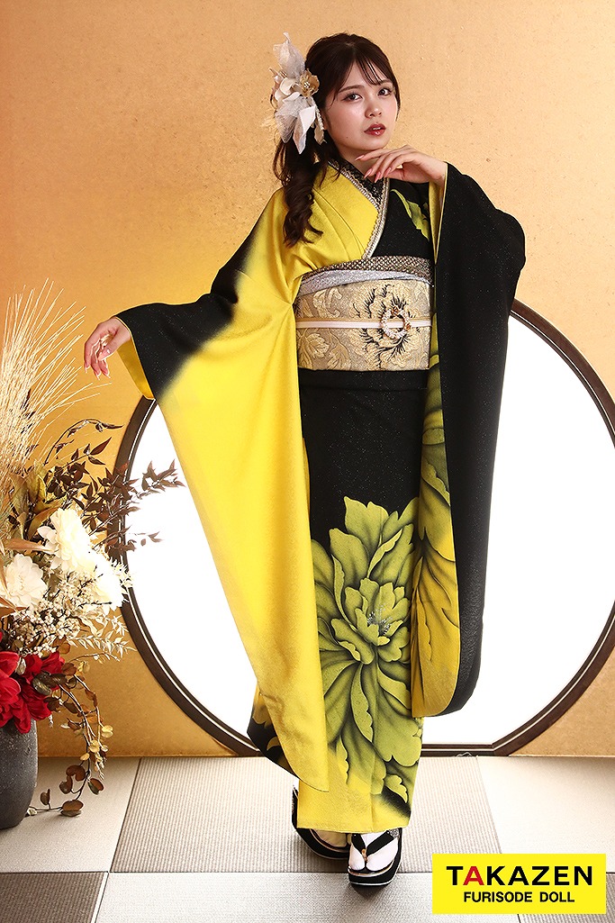 格安クール系　黒/黄色　蛍光色　牡丹柄　ワンポイント　シンプル　かっこいい　目立つ　ギャル振袖ネットレンタル　　YK250
