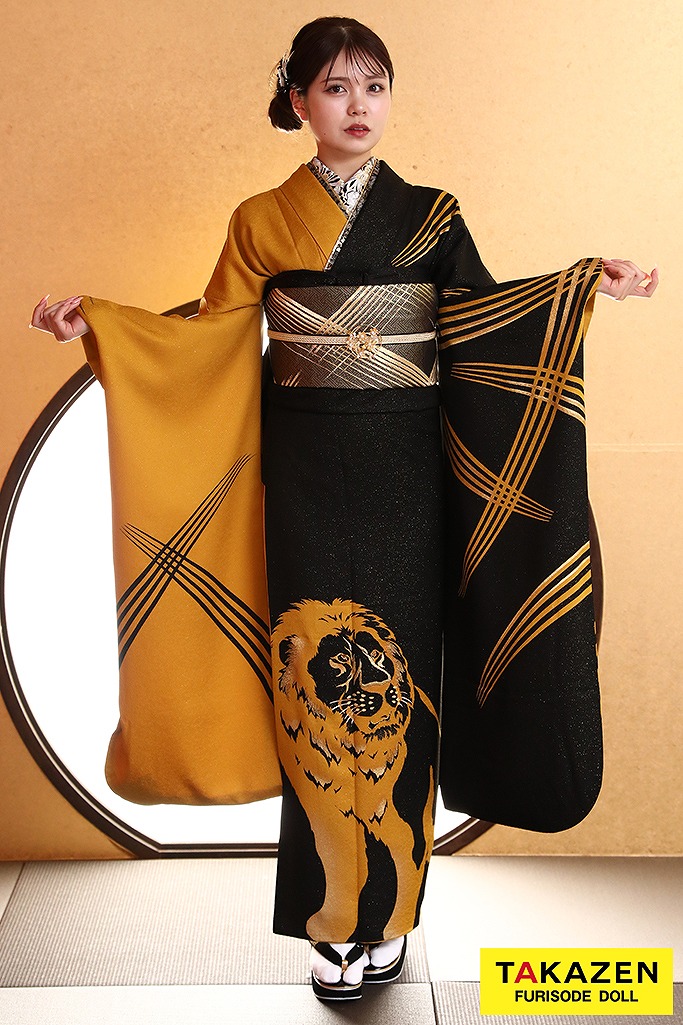倖田來未振袖ネットレンタル　からし/黒　ライオン柄　ジャパンモード　ヴィンテージ　かっこいい　目立つ　渋い　YK248