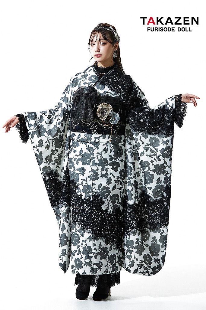 ブラックレーベル　白/黒　バラ柄　最高級リバーレース　セレブ　ヒールコーデ　オーガンジー振袖ネットレンタル　レースインナーコーデ　　　香川るな　LB38