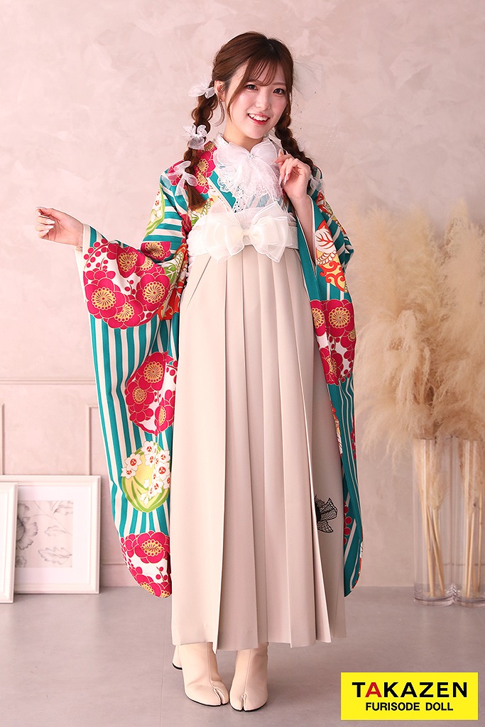 レトロポップ　水色　ストライプ/梅柄　目立つ　足袋ブーツ　かわいい　リボンコーデ袴ネットレンタル　RY058