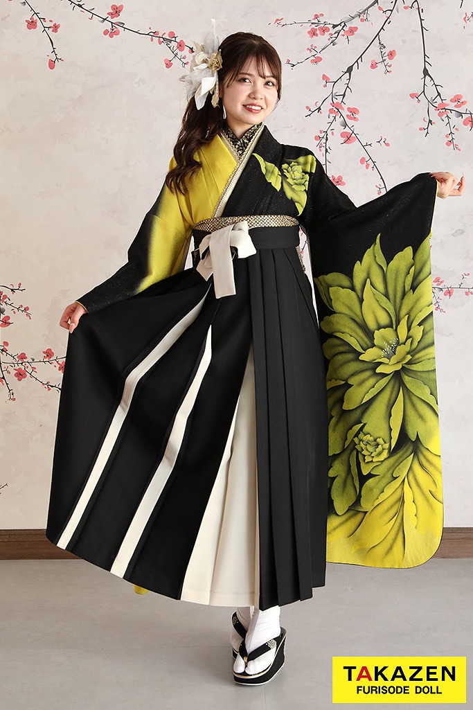 モード系　黒/黄色　牡丹柄　大柄　蛍光色　ギャル人気　目立つ　派手　かっこいい袴ネットレンタル　RY157