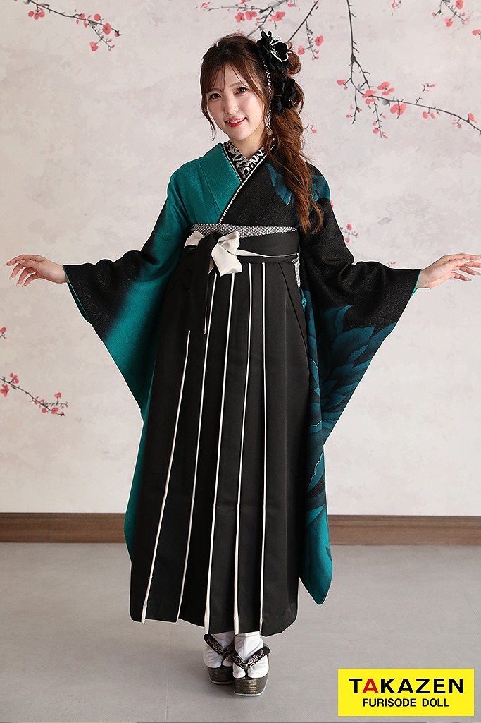 モード系　黒/エメラルドグリーン　牡丹柄/大柄　かっこいい　シンプル　目立つ　ギャル　派手袴ネットレンタル　RY158