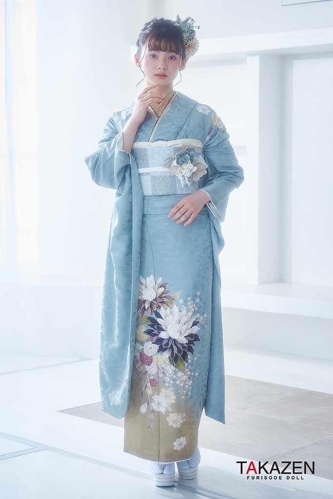 くすみカラー古典　水色(くすみブルー)/ダスティーカラー　すみれ柄　淡い色　綺麗　清楚　グラデーション振袖　南琴奈　LB6