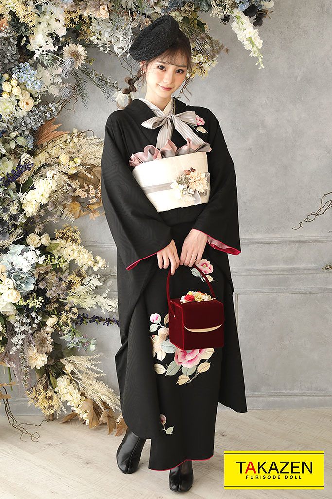 安い！昭和レトロ　黒/ピンク　　ボタン柄　シンプル　アンティーク調振袖ネットレンタル　ワンポイント　みみちゃん　G31