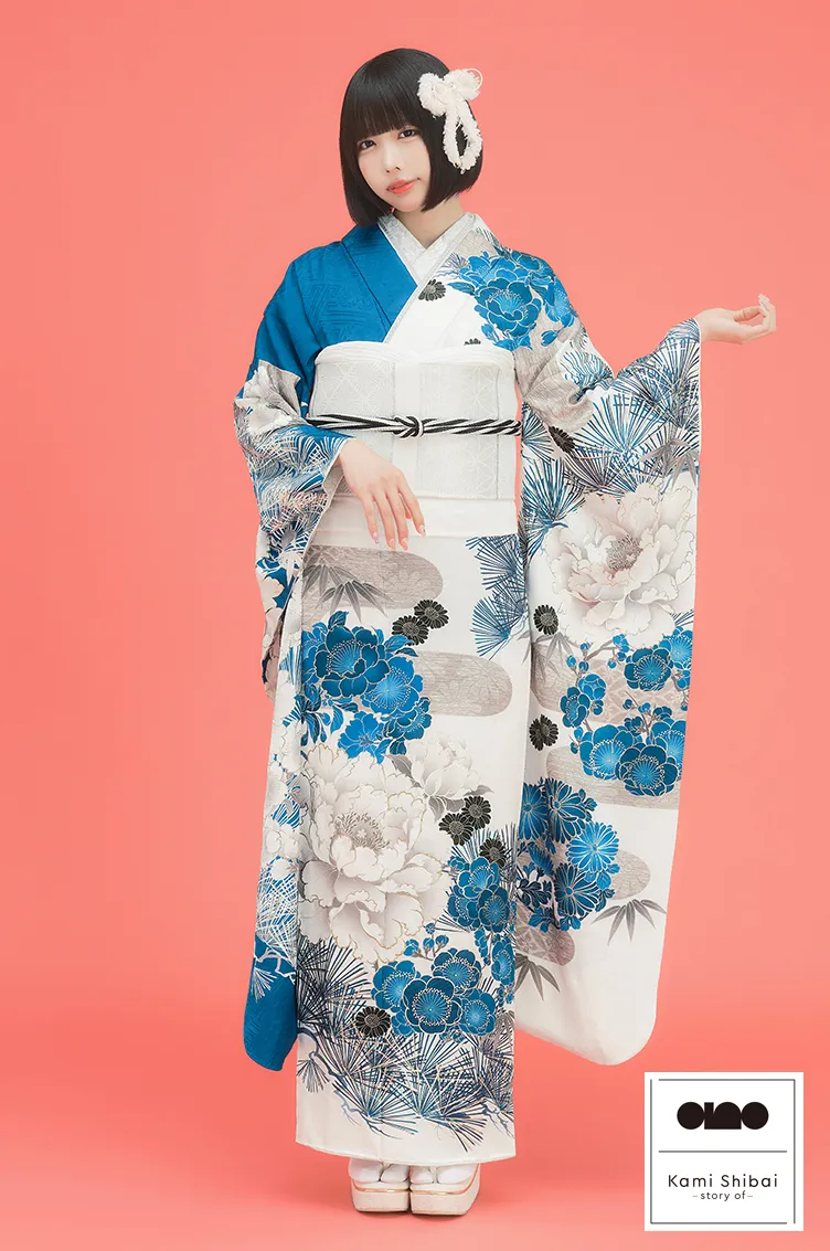 Kami Shibai-story of- anoブランド振袖ネットレンタル　ブルー/水色/白　牡丹柄/針松柄　きれいめ　上品　爽やか　正統派古典　K1250