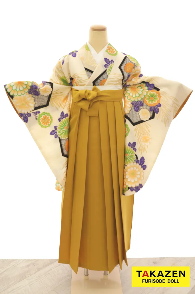 安いレトロ古典袴　アイボリー　和柄　可愛い　モダン　華やかなコーディネート　安い袴ネットレンタル　Y23