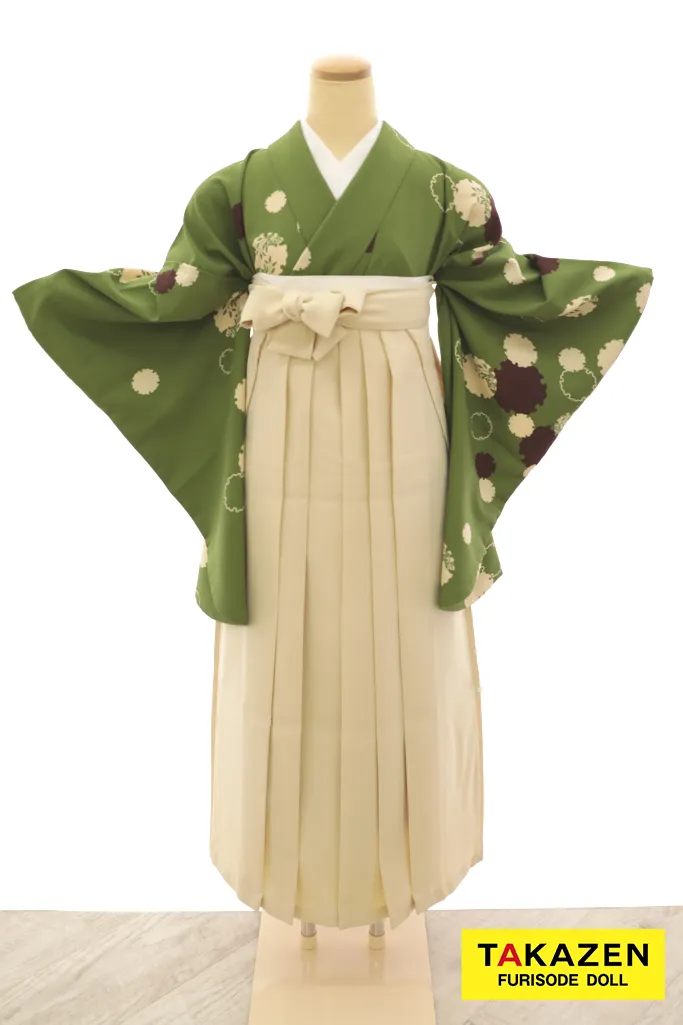 安いレトロモダン袴　緑/抹茶色　モダン柄　レトロ　シンプル　大人っぽい　安い袴ネットレンタル　Y24