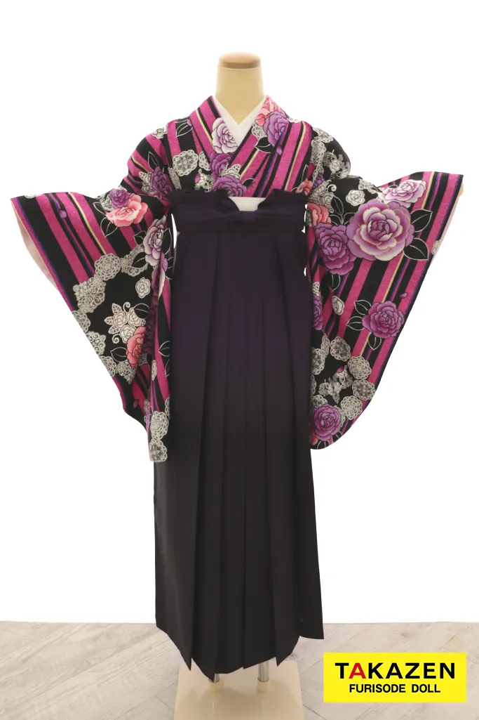 安いガーリー袴　ピンク/黒　バラ柄/ストライプ　地雷系　かわいい　安い袴ネットレンタル　Y25