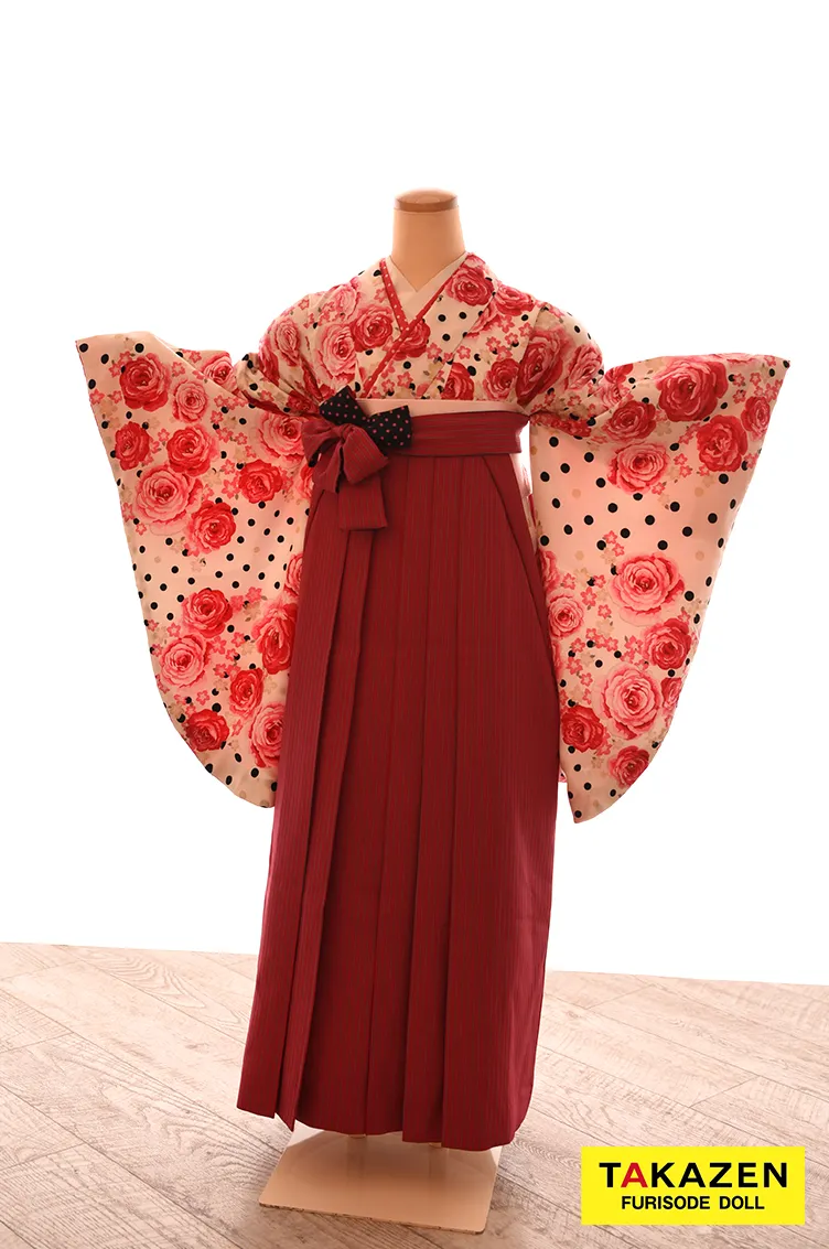 安いガーリー袴　ピンク　バラ柄‣ドット柄　地雷系　量産型　目立つ華やか　安い袴ネットレンタル　Y30