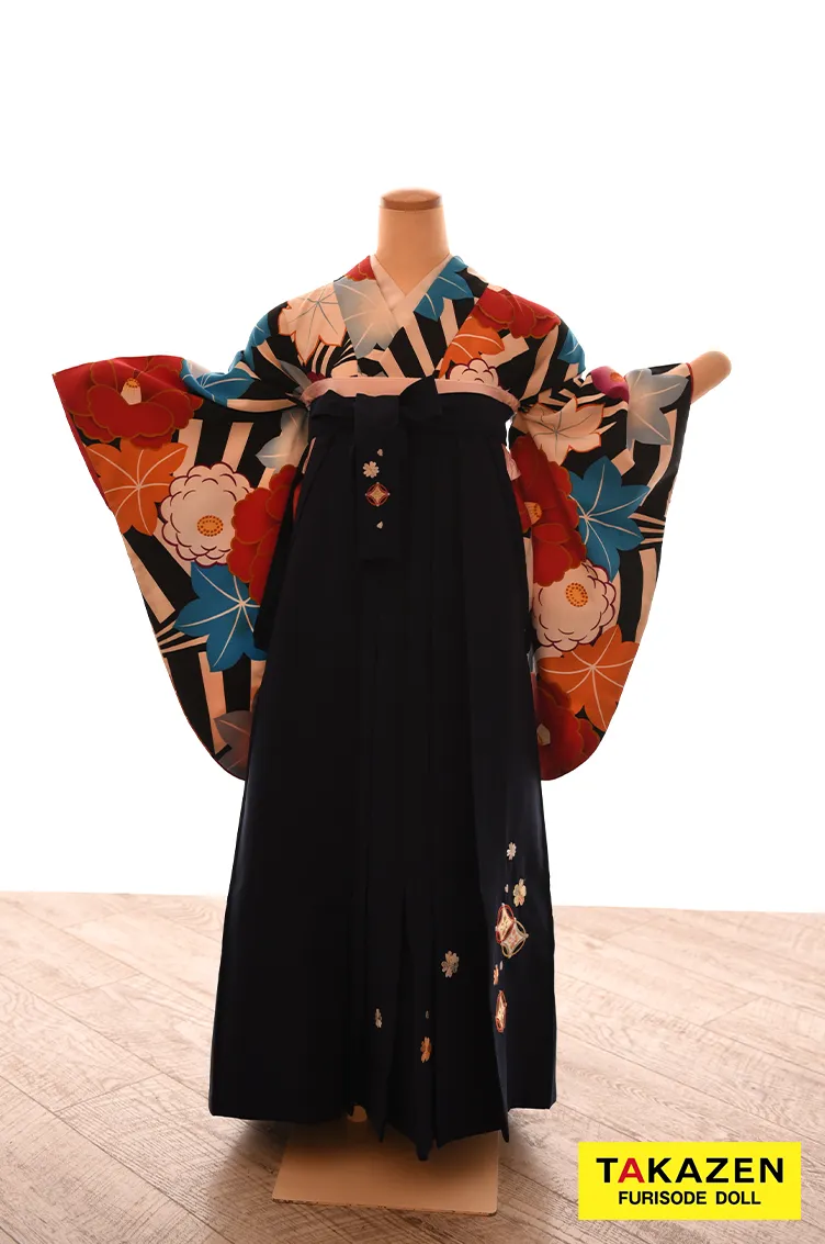 安いレトロ古典袴　白/黒　ストライプ柄　華やか　カラフル　モダン　安い袴ネットレンタル　Y32