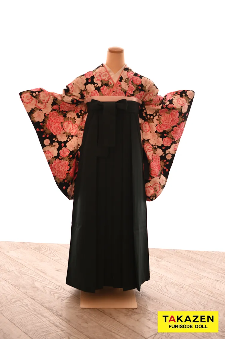 安いキュート袴　黒/ピンク　バラ柄　柄小さめ　かわいい　ギャル　目立つ　派手　安い袴ネットレンタル　Y34
