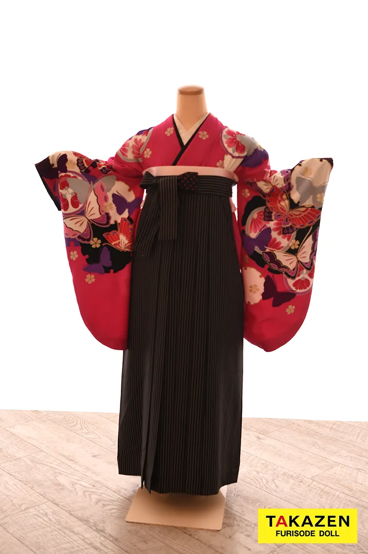 安いキュート袴　黒/ピンク　蝶々柄　かわいい　ギャル　目立つ　派手　安い袴ネットレンタル　Y35