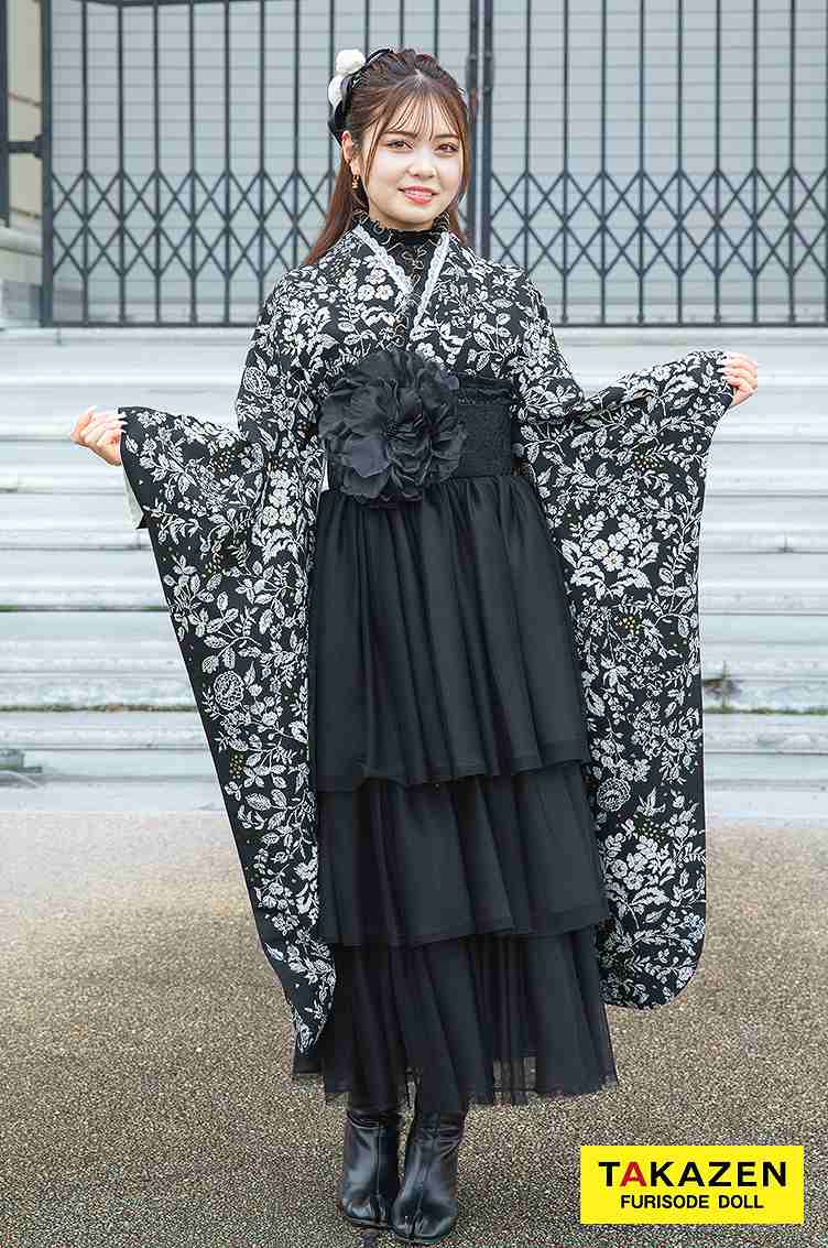 キュート＆ガーリー　黒/白　花柄/総柄　フレンチガーリー　お洒落　ブーツスタイル　ドレス袴ネットレンタル　RY161
