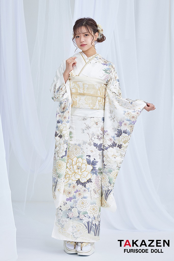 くすみカラー古典　白/白ベース　淡い色　和柄/牡丹柄　清楚　爽やか　大人っぽい　じゅりちゃん　ワントーンコーデ振袖ネットレンタル　G62