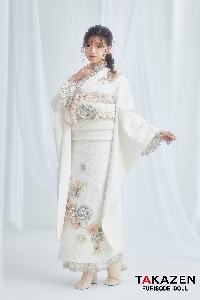 ヘップバーンミニョン　白/ホワイト　立体花付き　ジャガード生地　フレンチガーリー　レースインナーコーデ　足袋ブーツ　可愛らしい振袖ネットレンタル　じゅりちゃん　G64