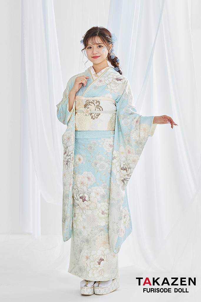 くすみカラー古典　水色/淡い色/アイスブルー　牡丹柄　清楚　爽やか　統一感コーデ　涼しげな振袖ネットレンタル　じゅりちゃん　G65