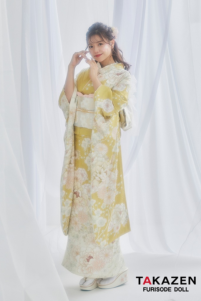 くすみカラー古典　黄色/ビタミンカラー　牡丹柄　目立つ　華やか　ワントーンコーデ　おしゃれな振袖ネットレンタル　じゅりちゃん　G66