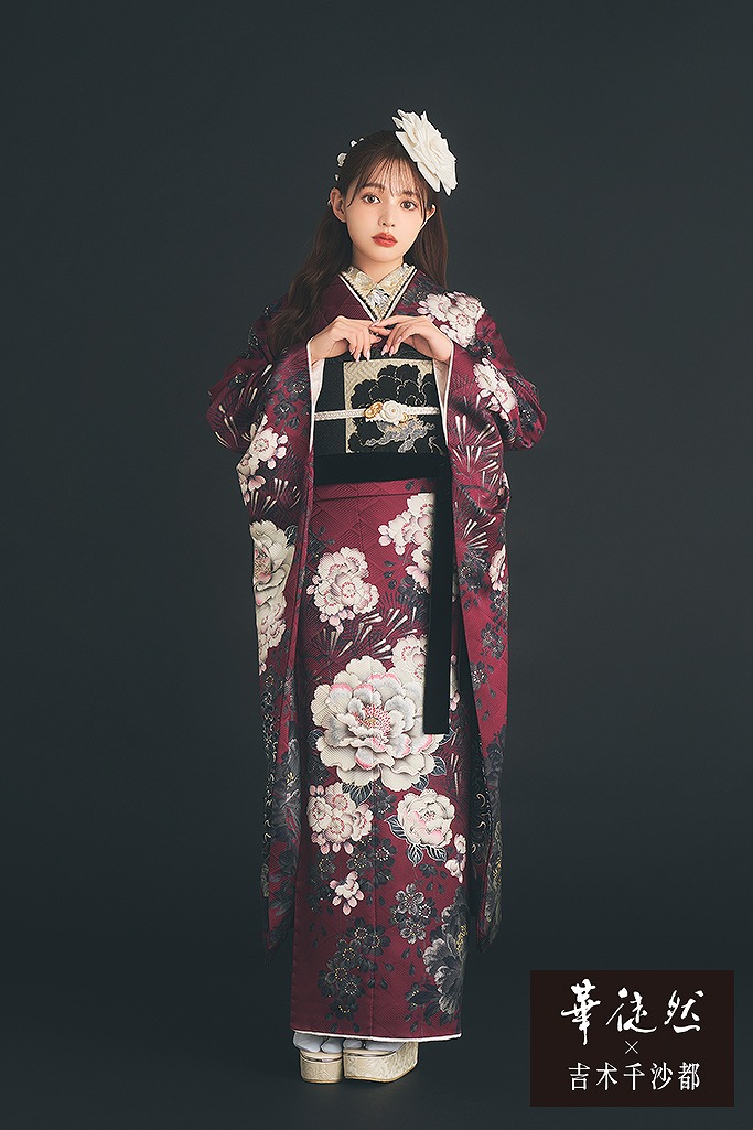 華徒然×吉木千沙都　ワインレッド/ボルドー　牡丹柄/桜柄　人と被らない　かっこいい　大人っぽい【通販可】K1107