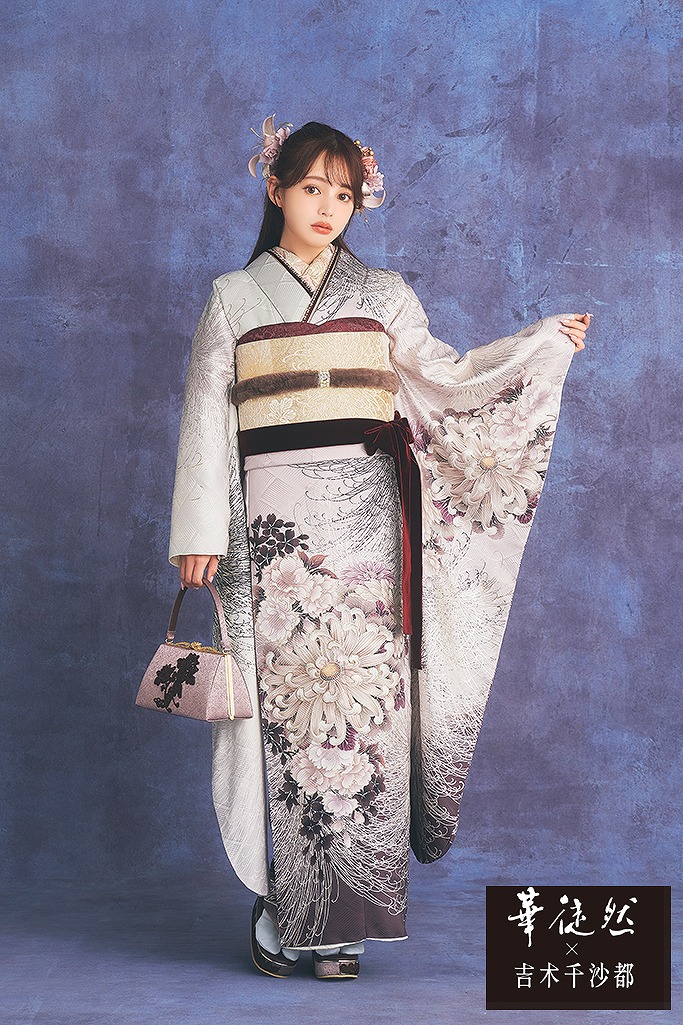 華徒然×吉木千沙都　くすみピンク/ダスティーカラー　乱菊柄　大人っぽい　片身替わり　古典柄【通販可】K1114