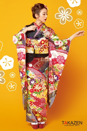 正統派古典　黒/赤/ゴールド(金色)　牡丹柄/絞り柄　大人っぽい　豪華　高級古典振袖ネットレンタル　かっこいい　黒地　　21018