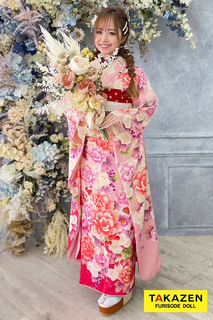 プチプラキュート系　ピンク/サーモンピンク　バラ柄　可愛らしい　量産系　リボンコーデ　アレンジ自由　安くてかわいい振袖ネットレンタル　M11