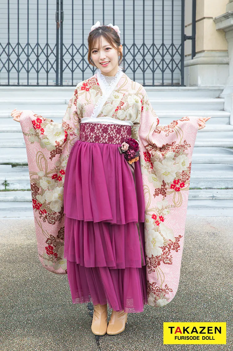 くすみカラーレトロ　ピンク/ダスティーカラー　ブーケ柄/洋風柄　かわいい　ガーリー　ドレス袴ネットレンタル　ブーツコーデ　R25004