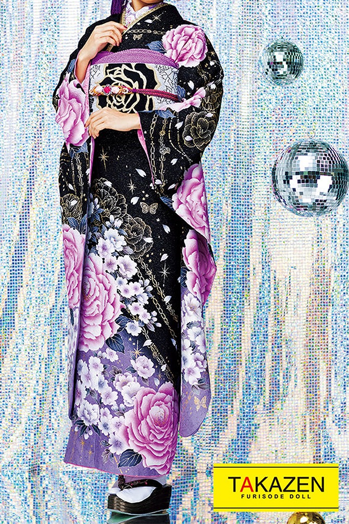 激安モード　黒/紫目立つ　バラ柄/大柄　かわいい　クール系振袖ネットレンタル　#F0114
