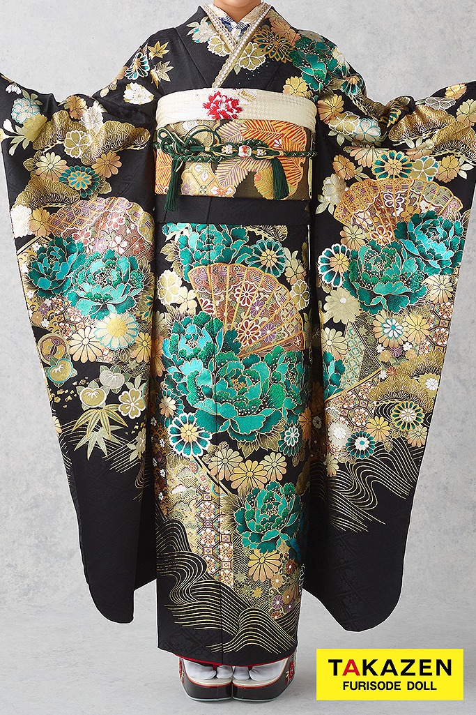 粋古典　黒/緑色/ゴールド(金色)　牡丹柄　派手　人と被らない　ゴージャス振袖ネットレンタル　最高級金彩古典　　22023