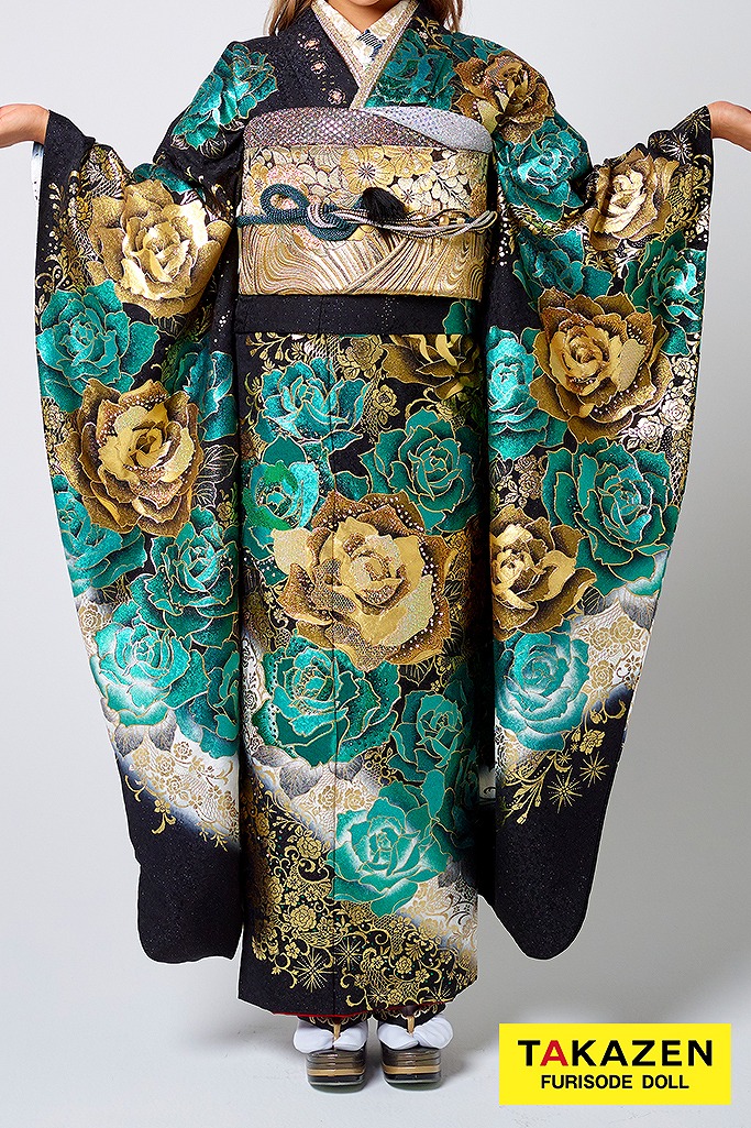 モードグラマラス系　黒/グリーン(緑色)/ゴールド(金色)　　薔薇柄　キラキラ　1番目立つ　かっこいい系振袖ネットレンタル　派手ギャル　22051