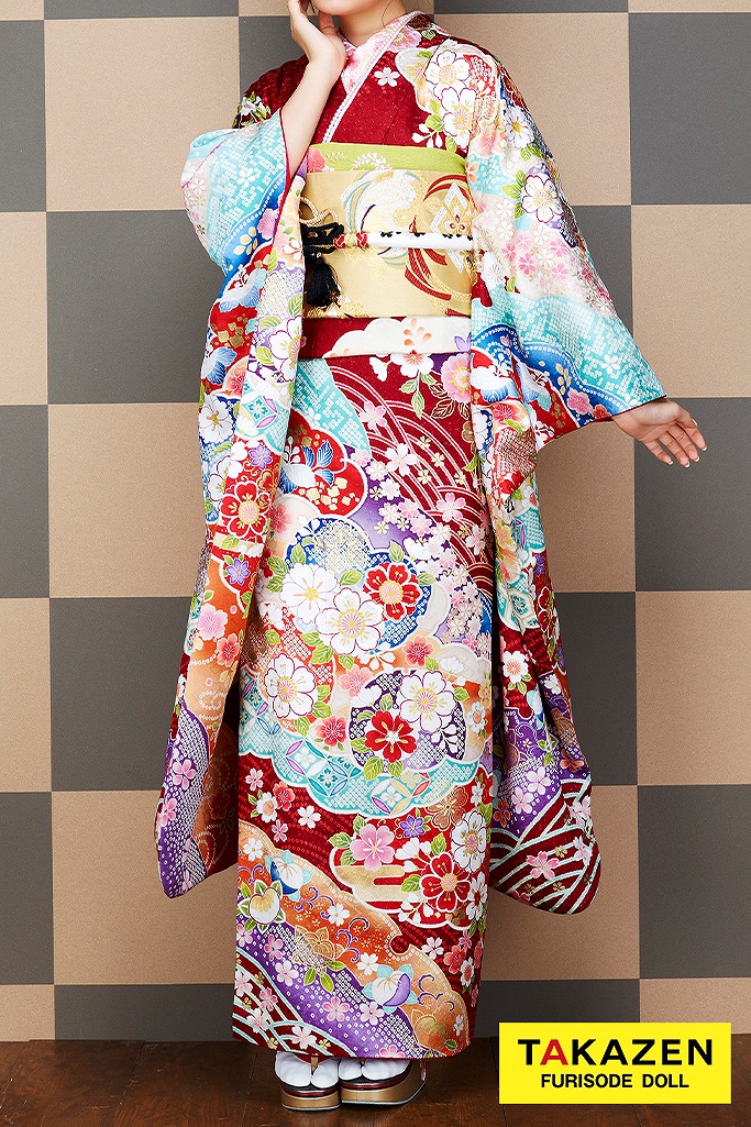 安い正統派古典　赤/ブルー(水色)　桜柄　可愛い　振袖ネットレンタル　華やか　清楚　32173