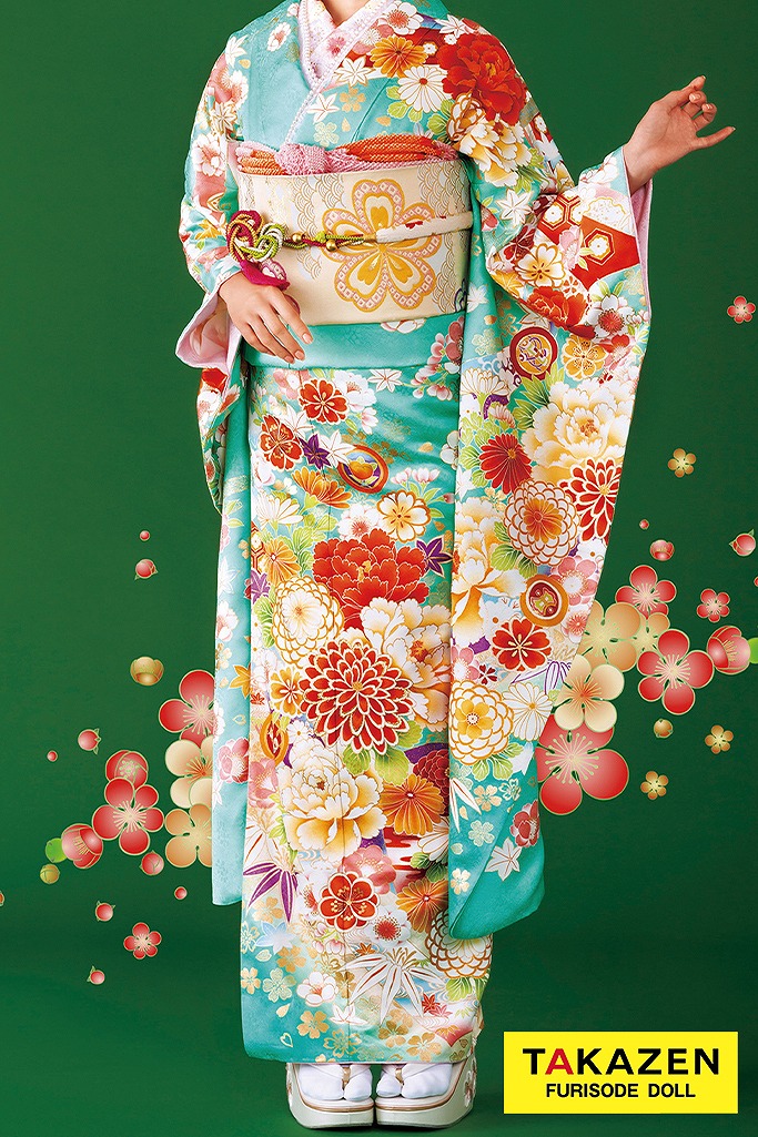 お得正統派古典　淡色/水色(ブルー)/オレンジ　安い　可愛い　上品古典振袖ネットレンタル　人と被らない　　32176